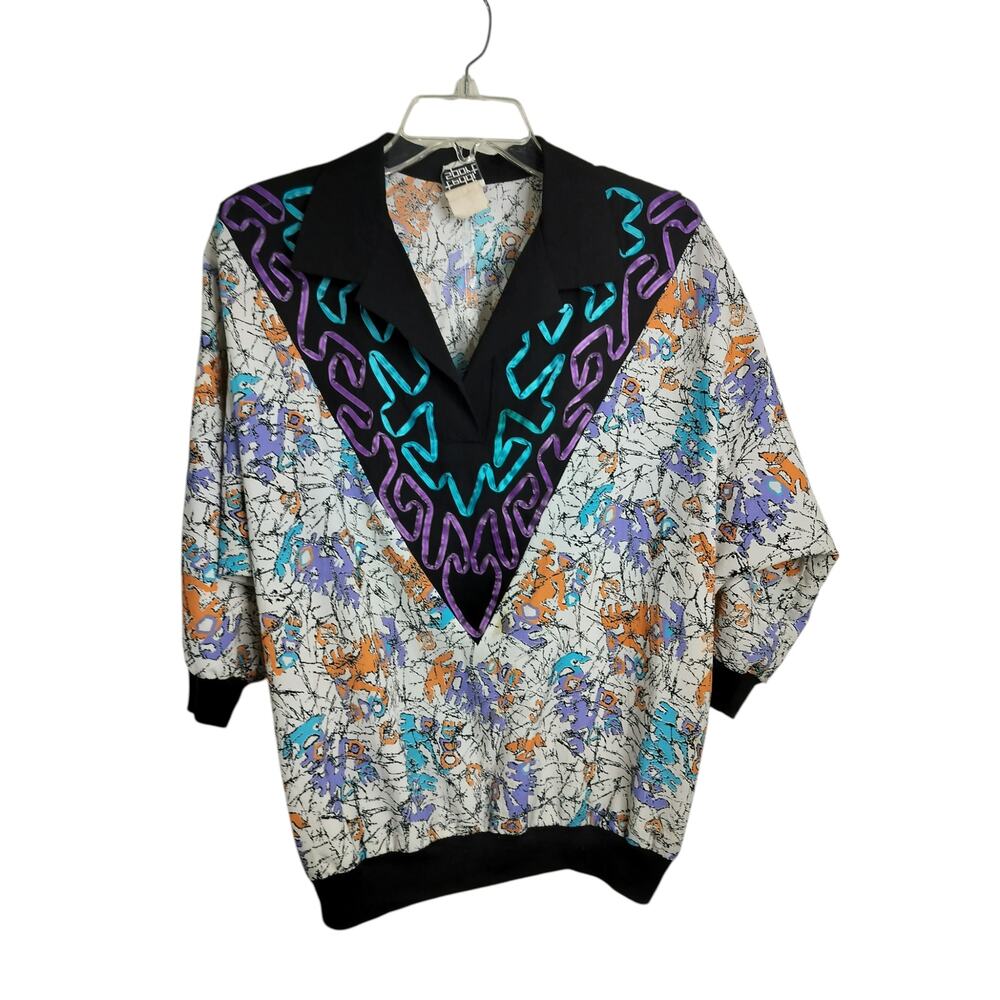 5191)Vtg 80s Teddi Sport Abstract Geoprint Chevron Dolman sleeve Oversize Top M? - Picture 1 of 8